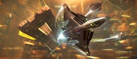 Sabre Peregrine x3 flying upwards over city.jpg