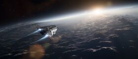 Zeus mkII ES flying over mountainous world towards sun.jpg