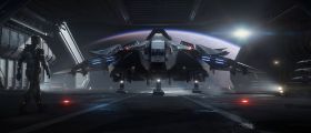 F8C in hangar above world with pilot walking towards it.jpg